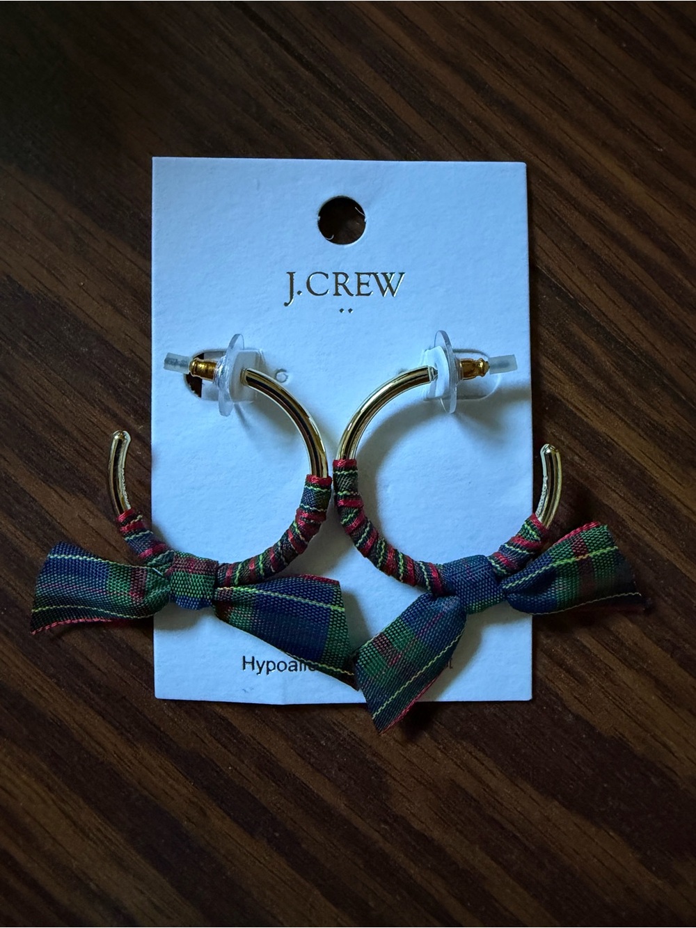 J. Crew Gold Hoop Earrings with Multicolor Plaid Bow